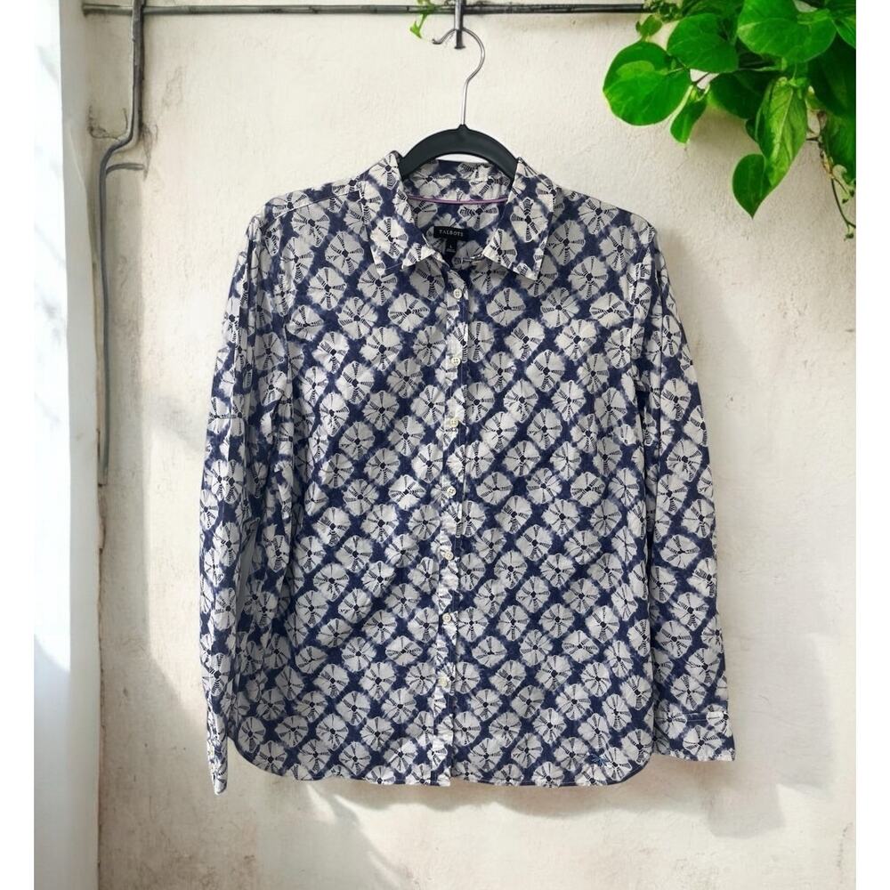 Talbots Size Large Blue & White pattern Button Down Long Sleeve 100% Cotton